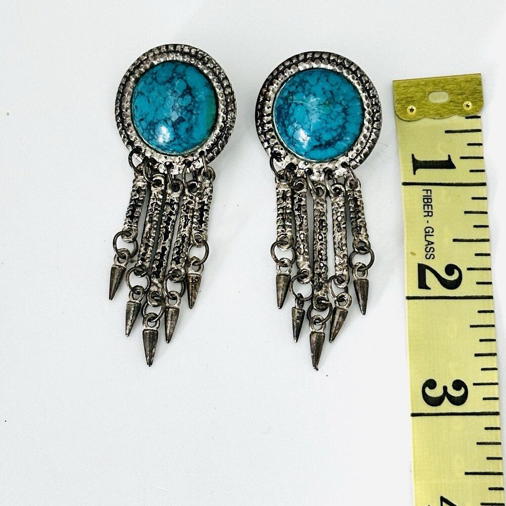 Vintage 90’s Silver Turquoise Chandelier Dangle Earrings Western Southwestern - Picture 6 of 6